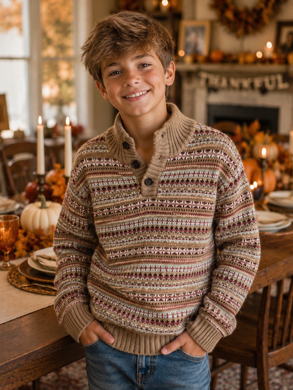 Janie and Jack Fair Isle Button-Neck Sweater Thanksgiving Fall Preppy Classic